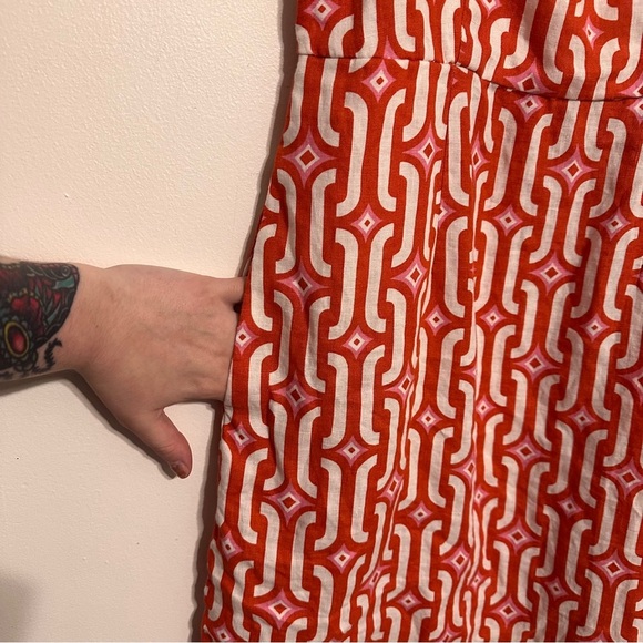 Boden Strappy Linen A-Line Mini Dress in Blood Orange Azure Geo Size 4 - Picture 3 of 6